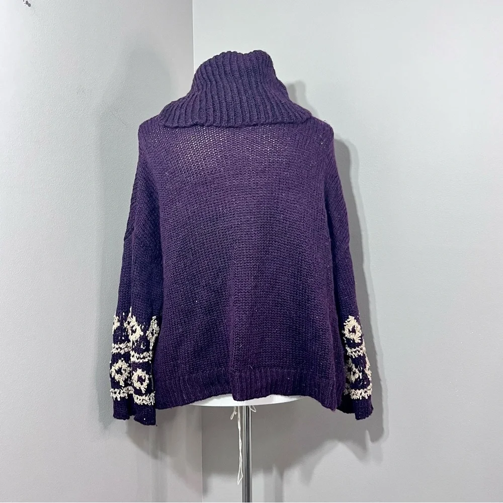 Free People Fair Isle Chunky Knit Sweater XS Purple Cowl Neck Boho Cozy